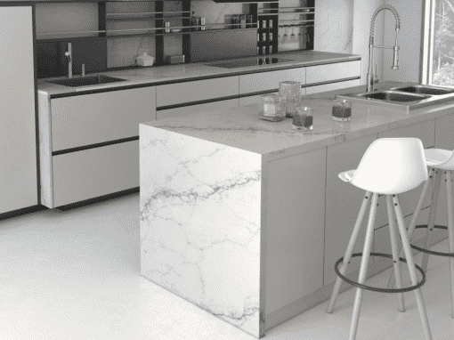 Quartz Waterfall Island Meta Surfaces Houston Tx